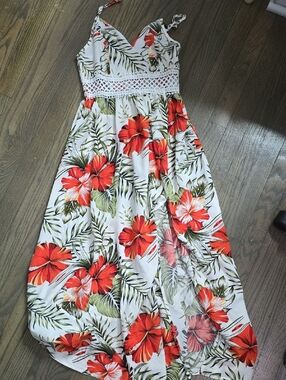 SHEIN White Maxi Dress with Red Floral & Green Leaf Print